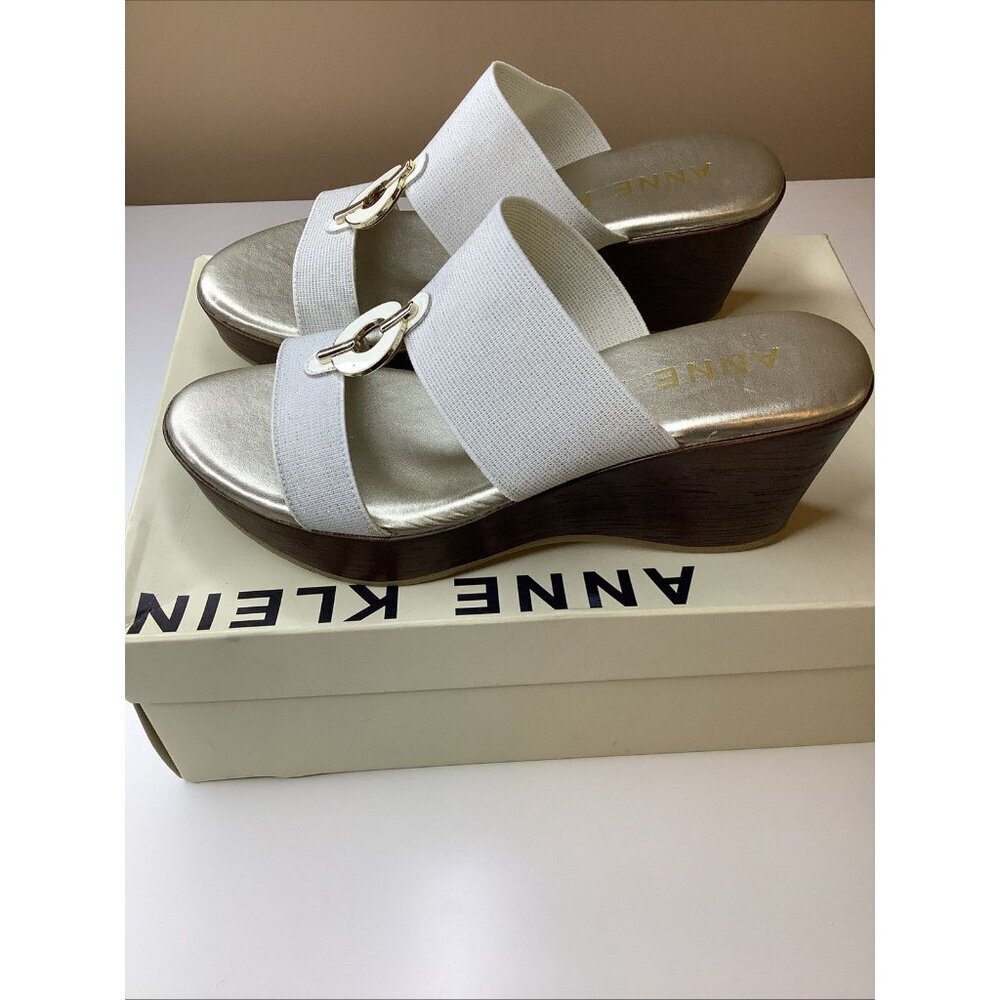 Anne Klein Size 6 Champagne Sparkly Stretch Band Slip On Wedge Sandal, Preloved - Picture 5 of 8